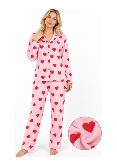 Sleeeproom Kadın Süet Düğmeli Mevsimlik Kalp Desen Pudra Pijama Takımı Kırmızı - Pembe