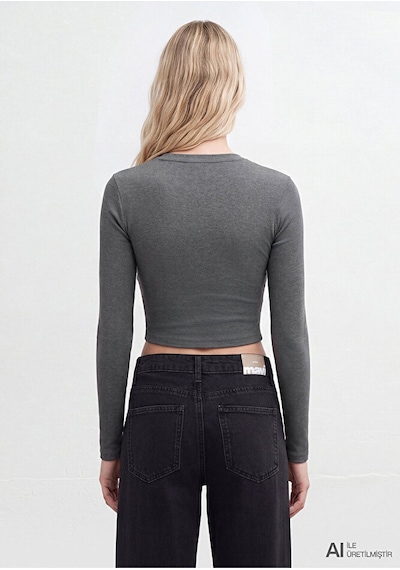 Mavi Uzun Kollu Antrasit Crop Basic Tişört Crop / Kısa Kesim 1612822-8 Gri