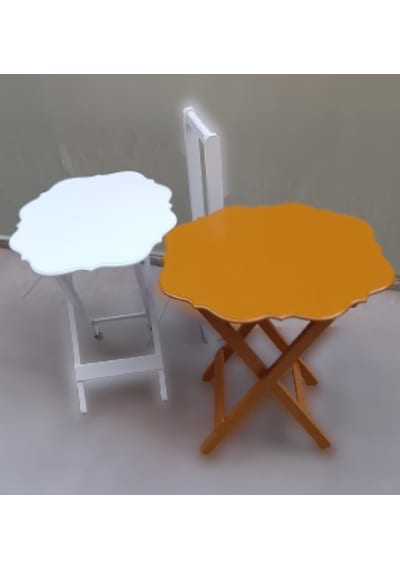 Çanta Zigon Sehpa Yonca Model İkili Takım Ahşap Mdf Beyaz ve Hardal Renk Uyumu El Yapımı