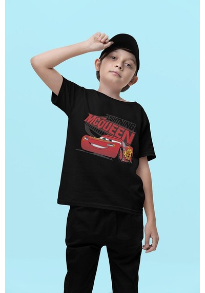 Sevbano Lightning Mcqueen Baskılı Unisex Arabalar Şimşek Çizgi Film Çocuk SIYAH
