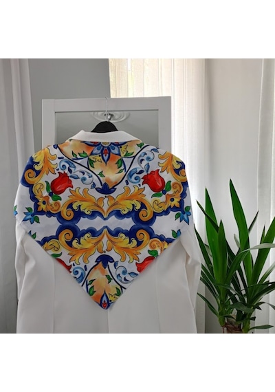Lente Aksesuar Kadın Premium Desenli Boyun Çanta Ve Saç Fuları 70x70 Cm Sarı Desenli