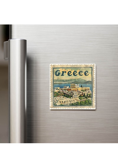 Yunanistan Greece - Posta Pulu Temalı Ülke - Baskılı Buzdolap Magneti Kare - 9x9 Cm
