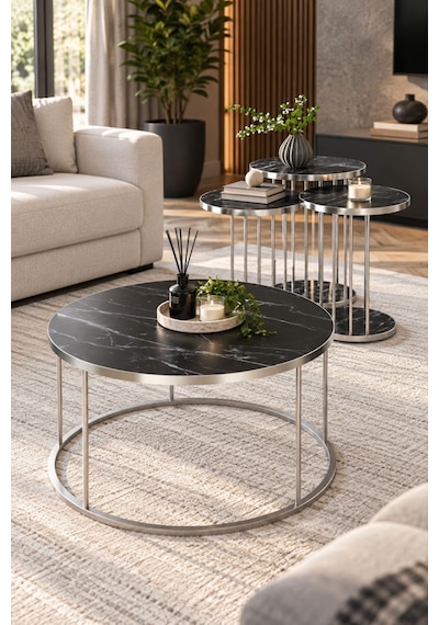 Sulorahome Siyah Mermer Desenli 4'lü Sehpa Seti Gümüş Metal Ayaklı