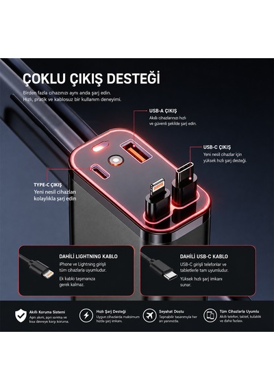 Araç Çakmaklık Şarj Cihazı Dahili Çekilebilir Type-c Lightning Çift Kablo Ambiyans Işıklı