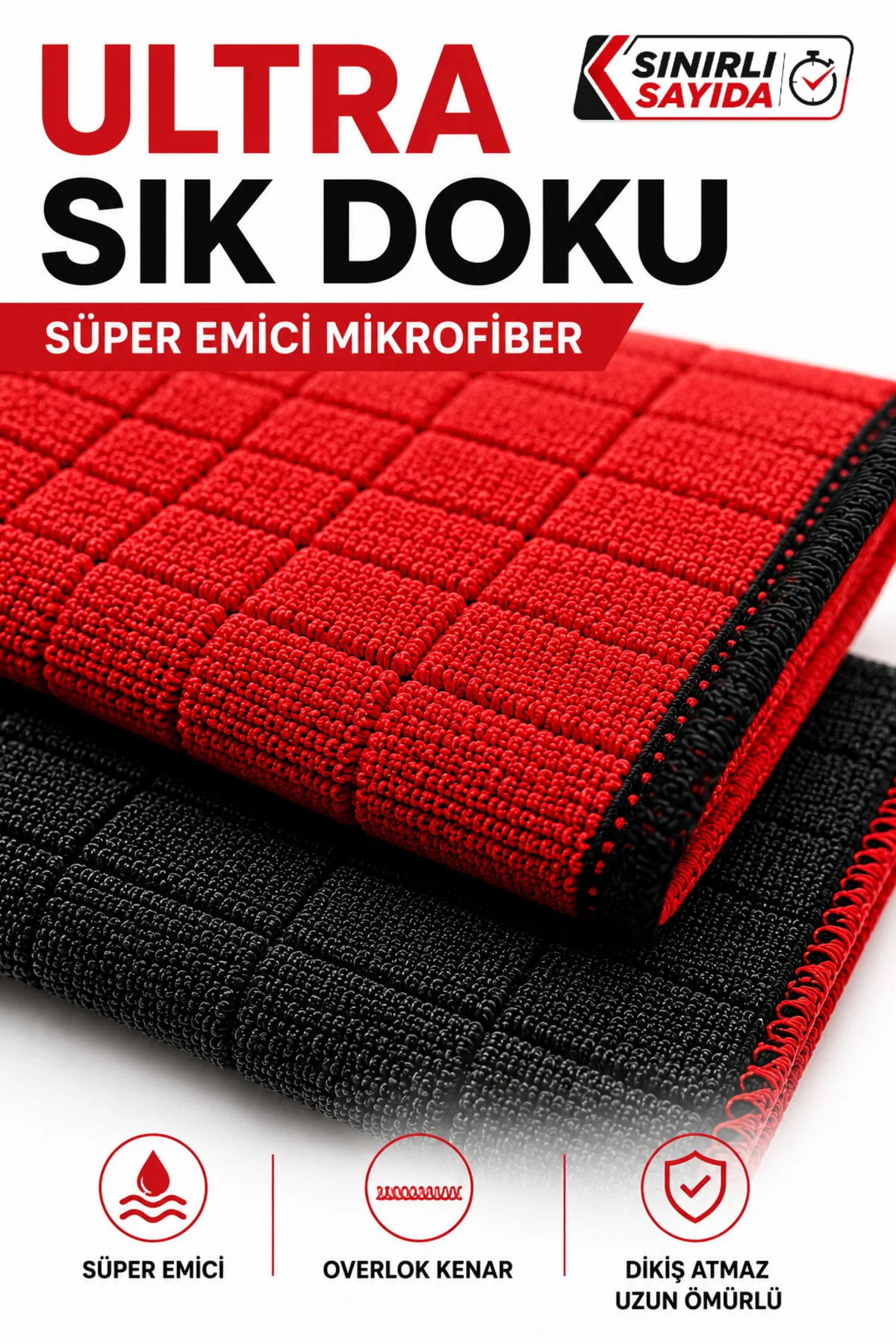 Premium Red & Black 2'li Kareli Mikrofiber Mutfak Bezi 40x40 Cm Süper Emici Koku Yapmaz Iz Ve Tüy Bırakmaz Kırmızı- Siyah