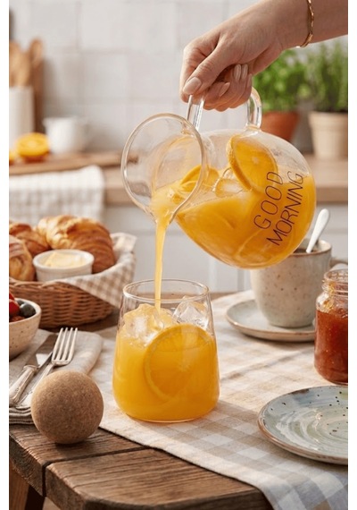 Top Mantarlı Borosilikat Cam Sürahi - 1500ml Lüks Karaf