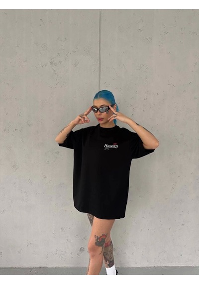 Wear Vexel Kadın Bisiklet Yaka Baskılı Kısa Kol Oversize T-shirt - Siyah Çok Renkli