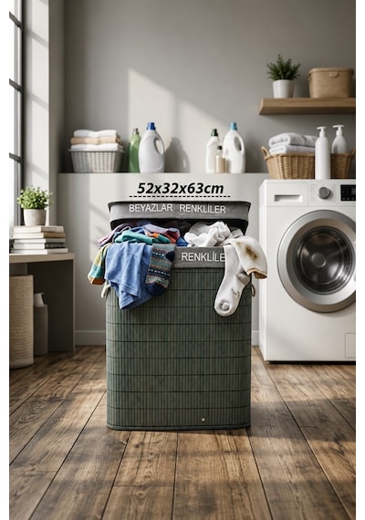 100 Litre Bambu Kirli Çamaşır Sepeti 2 Bölmeli Modern Tasarım Çamaşır Sepeti Beyaz Renkli Ayrı Gri
