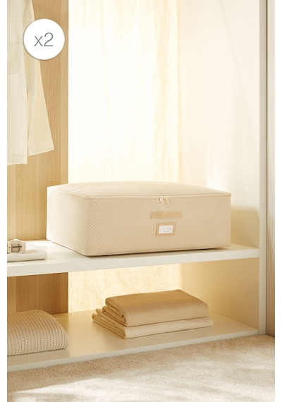 Ocean Home Textile 2'li Büyük Boy Bej Balıksırtı Baza Altı Hurç Set 62 X 46 X 22 Cm Bej