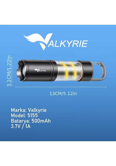 Valkyrie Şarjlı Kamp Feneri El Feneri Type-c Şarjlı Cob Yan Işıklı 3 Modlu Zoomlu Karabinalı Siyah