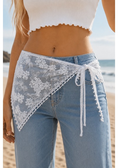 Haki Store Dantel Bandana Beyaz Desenli Transparan Bel Bandanası Saç Ve Bel Aksesuarı