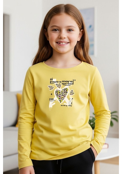 Yuvarlak Yaka Kalp Baskılı Kız Çocuk Sweatshirt Sarı