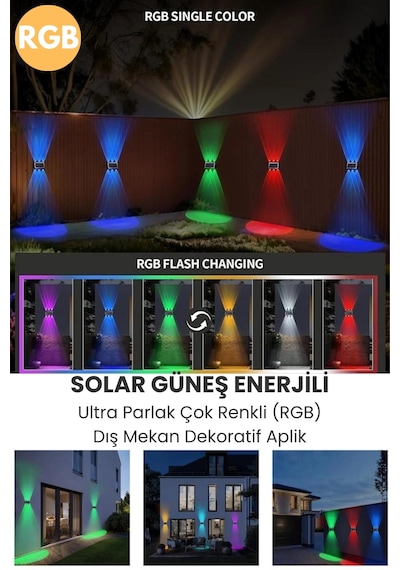 Trendpoint 1adet Solar Çift Taraflı 6ledli Aplik Rgb Işık Duvar Lamba Bahçe Aydınlatma Güneşle Şarj