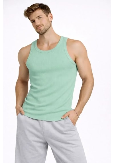 Vexor Erkek Fitilli Atlet Sıfır Yaka Slim Fit Arka Baskılı Spor Atlet - Mint Yeşili