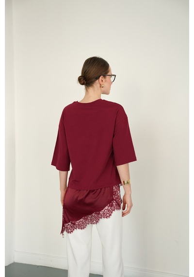 Verymoda Dantel Ve Saten Detaylı Asimetrik Tişört D2942 Bordo