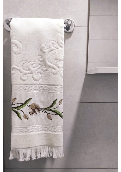 Kanaviçe Nakışlı Güllü Kadife El Yüz Havlusu - 50x90 Cm- Krem Krem Krem