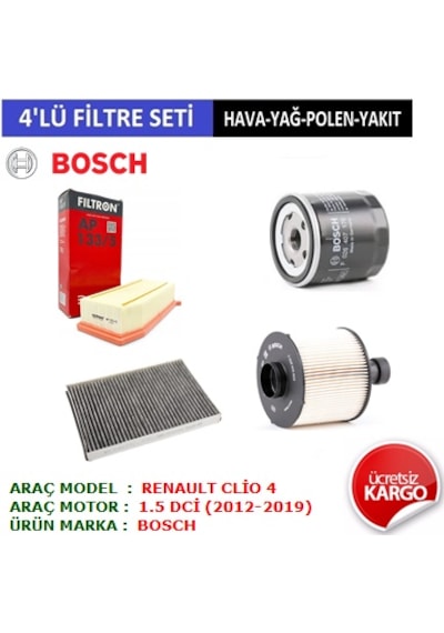 Renault Clio 4 1.5 Dci Filtre Bakım Seti 2012-2019 4'Lü Set Hava + Yağ + Polen + Mazot