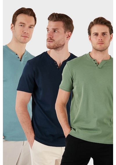 Buratti Pamuklu Düğme Detaylı Slim Fit V Yaka 3'Lü Paket Erkek T Shirt 5902122S3 Indigo-Açık Mavi-Elma Yeşili