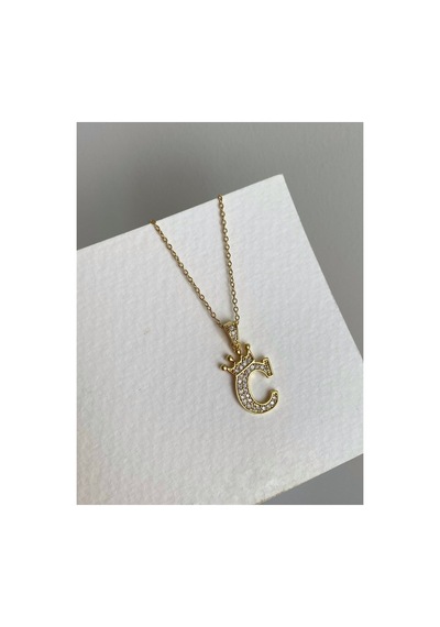 Çelik Gold Taşlı Crown C Harf Kolye -kararma Yapmaz- Altın