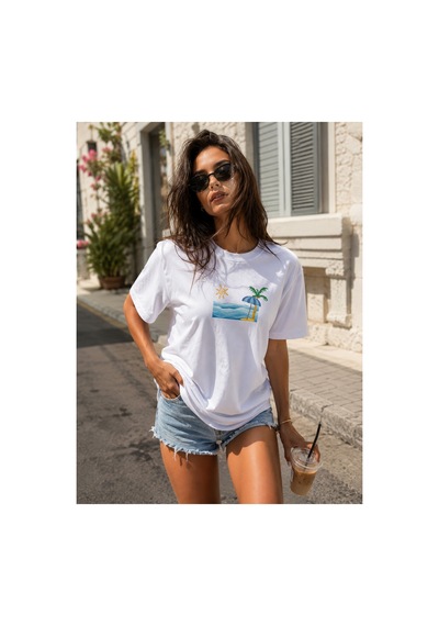 Me Selection Deniz Kum Güneş Tasarım %100 Pamuk Unisex Basic Tişört Beyaz