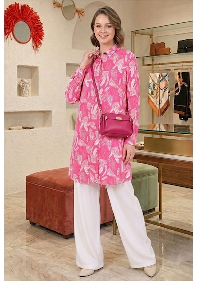 Polologin Butik Fuşya Beyaz Modern Kesim Palmiye Desenli Viskon Tunik Pembe