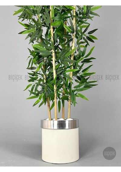 Yapay Bambu Ağacı 140cm Krem Gümüş Metal Saksıda Krem-silver