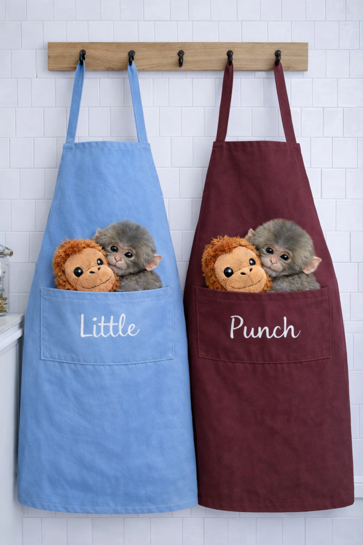 Ays Home Punch Maymun Ve Orangutan Baskılı Mutfak Önlüğü Seti Bordo