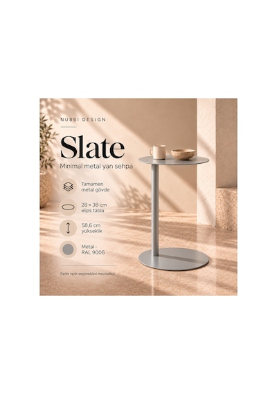 Slate Metal C Sehpa Modern Tasarım Elips Tablalı Minimalist Koltuk Yanı Sehpa Gümüş - 935314037 Gümüş