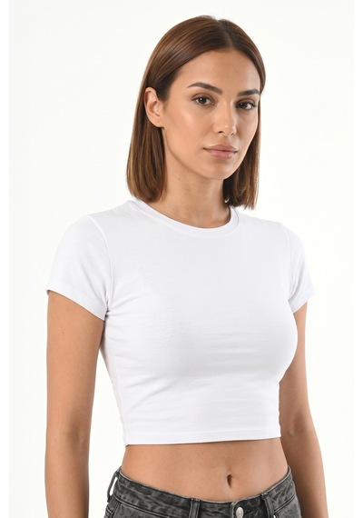 Mistirik Pomonte Model Body Pamuklu Esnek Kumaşlı Kısa Kollu Basic Comfort Crop Beyaz Renk