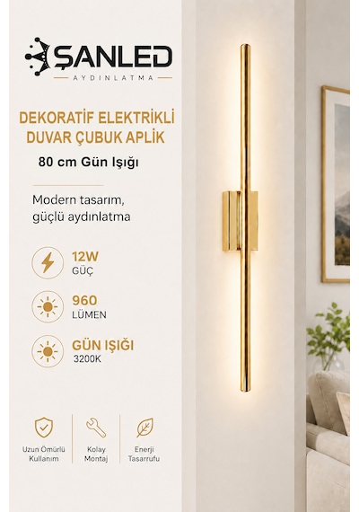 Dekoratif 12w İç Mekan Gold Kasa Gün Işığı 80 Cm Duvar Aplik Elektrikli 1 Adet