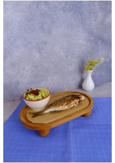 Justwood Risus Top Ayaklı İçi Oymalı Oval 17x30 Cm Ahşap Dikdörtgen Pasta Sunum Servis Tabağı Kahverengi