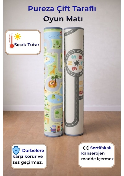 Pureza Çift Taraflı Rulo Oyun Matı 200CMX140CMX1CM Kaymaz, Darbe Emici, Su Geçirmez, Yeşil Parkur/Araba Yarışı | (Yerli Üretim)