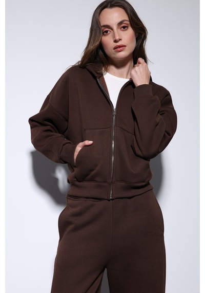 Antioch Fermuarlı Kapüşonlu Kadın Sweatshirt Kahve