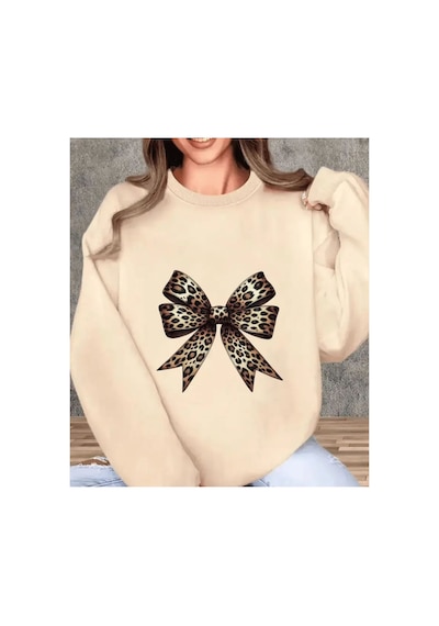 Herkesemoda Leopar Fiyonk Baskı Detaylı Bisiklet Yaka Sweatshirt Bej