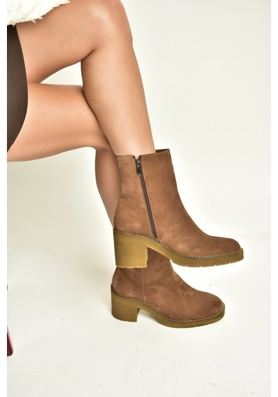 Fox Shoes Z667051161 Taba Hakiki Deri Süet Kalın Topuklu Kadın Bot
