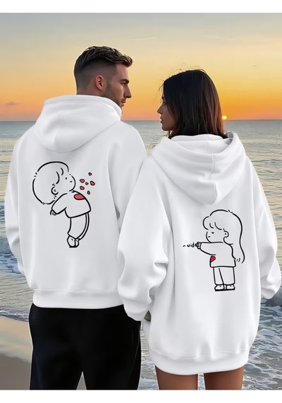Nevermind Sevgili Çift Kombin Hoodie 2 Li Set Unisex Oversize Kapüşonlu Hoo Beyaz