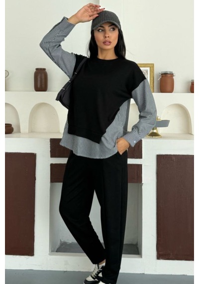 Ded Collectıon Kadın Çizgili Uzun Kollu Gömlek Detaylı Yuvarlak Yaka Sweatshirt Modal Takım Siyah