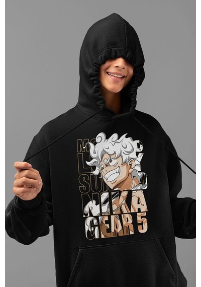 Monkey D. Luffy Nika Gear 5 Baskılı Unisex Oversize Anime Hoodie Siyah