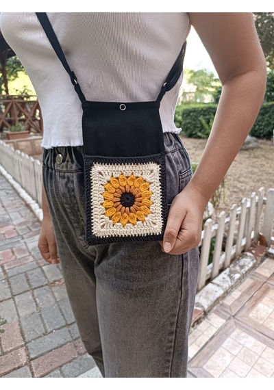 Aksesuarsepeti El Yapımı Cepli, Ayarlanabilir Askılı, Telefon Çantası Siyah