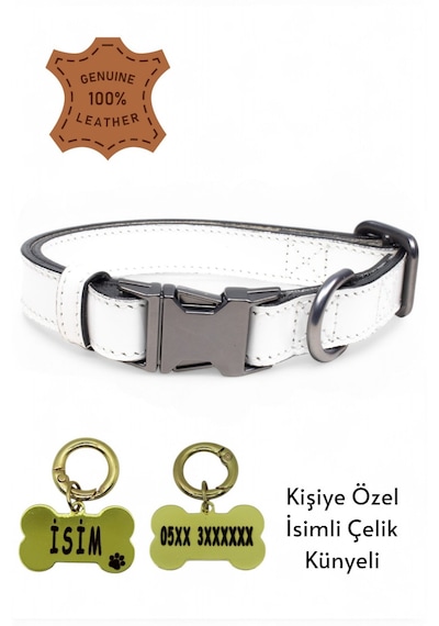 Hakiki Deri Köpek Boyun Tasması, Kişiye Özel Künyeli Lux Seri Beyaz