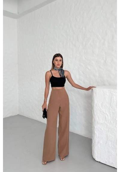 Defymoda Yüksek Bel Pensli Palazzo Pantolon Vizon