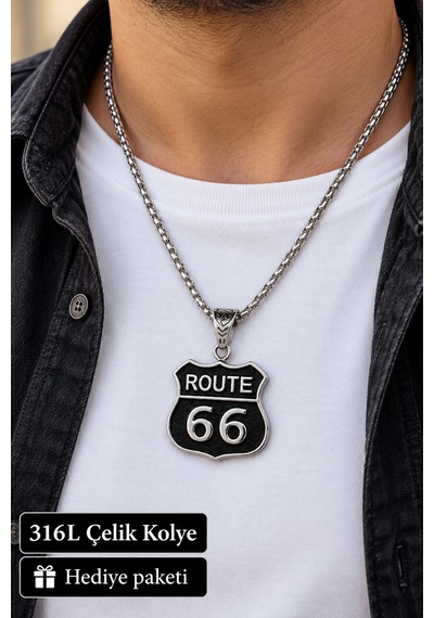 316l Çelik Route 66 Amblem Erkek Kolye Gümüş Renk Zincirli Yol Temalı Tasarım Altın - Gümüş