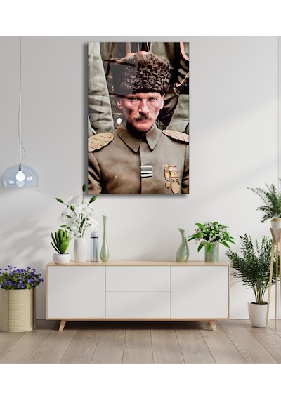 Mustafa Kemal Atatürk Üniformalı Dikey Cam Tablo Evlika, Modern Ev Ofis Salon Duvar Dekoru, Hediyelik Tablo