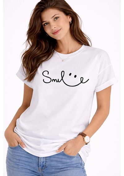 Nevermind Unisex Tişört Smile Baskılı Basic Oversize Günlük Rahat Beyaz
