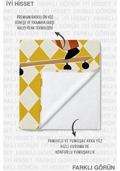 Kaykaycı Ayı Sarı Ekose Çocuk Plaj Havlusu - Eğlenceli İllüstrasyon Unisex Mikrofiber Havlu Pastel Armut