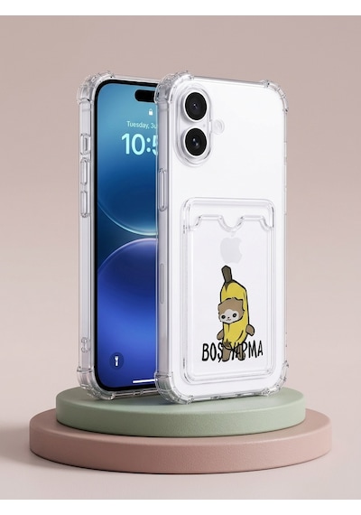 Apple İphone Uyumlu 16 Boş Yapma Muz Detaylı Kart Bölmeli Şeffaf Telefon Kılıfı Çok Renkli