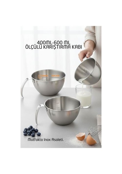Zenvac Inox Çelik Profesyonel Ölçülü Karıştırma Kabı Seti -400-600 Ml Sos & Hazırlık Şefi Serisi Zenvac29 Renkli