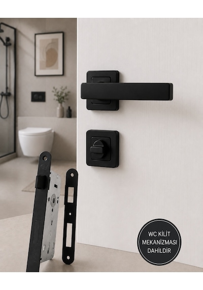 Kare Rozetli Wc Banyo Kapı Kolu Tam Set Mat Siyah 40 Mm Sessiz Kilitli Alüminyum Kol