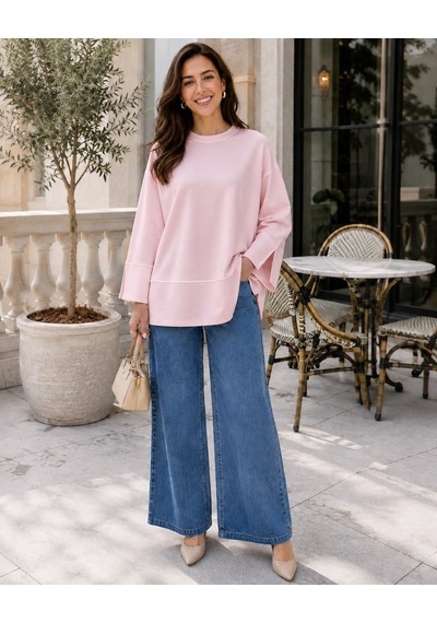 Unika Boutique Kadın Oversize Yırtmaçlı Uzun Kollu Salaş Bluz Pembe