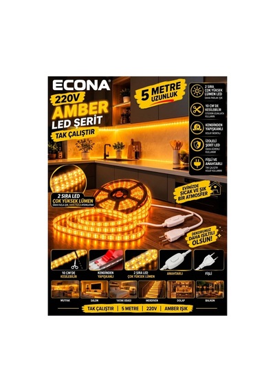 5 Metre Amber 220v Led Şerit ,tak Çalıştır Set, Fişli Anahtarlı Esnek Şerit Led, ,turuncu Led,mutfak,tezgah Ledi,led Şerit Işık ,ambiyans Işık Havuzu, Kendinden Yapışkanlı,kehribar Led